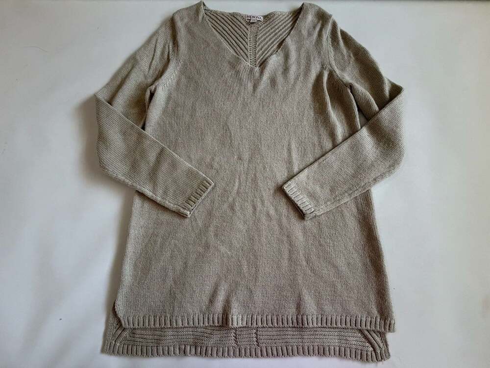 Merona Sweater Womens L Beige V-Neck Knit 3/4 Sleeve Boho Casual